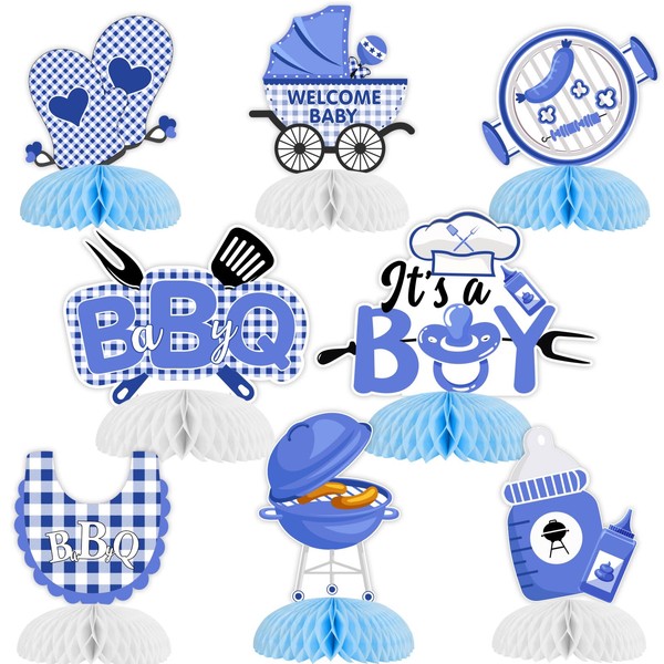 Cheereveal 8 Pieces BBQ Baby Shower Honeycomb Centerpieces, Blue Barbecue