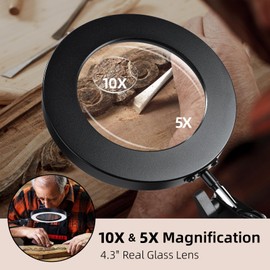 Magnifying Glass with Light and Stand, 3-in-1 Gooseneck Arms 3 Color Modes Stepless Dimmable, 10x&5X LED Desktop Magnifier with Light Hands Free for Workbench Reading Crafts Painting Hobby Close Work