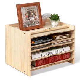 Becko US File Organizer for Desk, Desktop Wooden Paper Sorter with 5 Adjustable Shelves, Wood File Mail Letter Folder Holder for School, Office, Home