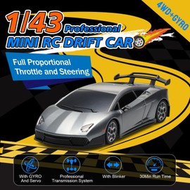 YONCHER Mini RC Drift Car with Gyro, 1:43 4WD Full Proportional Remote Control Car, Professional High Speed Drift RC Cars with Turn Signal Lights, Racing Toy for Adults Kids Boys, Gray