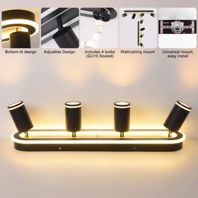 LED 4 Light Track Lighting Spotlight Kit, Black Ceiling Spotlights,