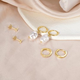 SILBERTALE Set of 3 Pairs of Earrings 925 Silver Small Cubic Zirconia Stud Earrings Hoop Earrings with Pendant Pearls Gold Earrings Girls Women, Sterling Silver