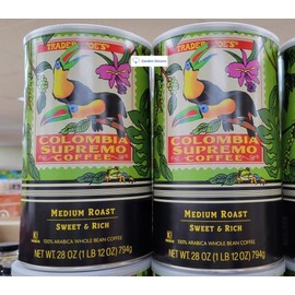 Trader Joe's2 Columbia Supremo Coffee Bean Medium Roast Sweet & Rich 28oz 794g (Two Cans)