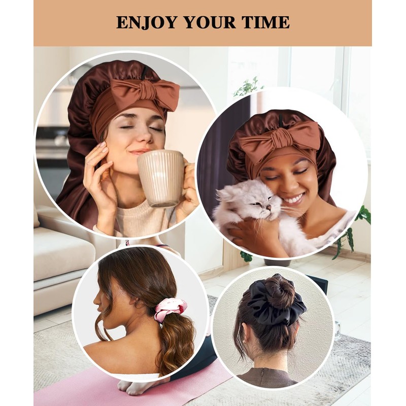 1+3 Long Satin Bonnets with Scrunchies for Women Sleeping, Double