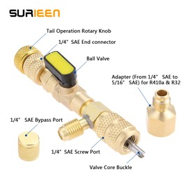 SURIEEN R410A R22 Valve Core Remover Installer Tool with Dual Size SAE 1/4 & 5/16 Port & Brass Adapter, Valve Core Removal Tool for R410 R32 R22 R12 R407 R404 R600 HVAC System