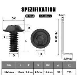 Pack of 30 M5 x 16 Screws, Pan Head Screws, Torx Screws, Flange Screws, Stainless Steel, A2 V2A, Full Thread, Black Oxide, with Torx Key