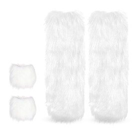 Furry Leg Warmers with Fluffy Wrist Warmers Set, White Faux Fur Boot Covers Accessory for Ladies, Fluffy Leg Warmers Fuzzy Wrist Cuffs for Winter Party Christmas Costume (White, One Size)