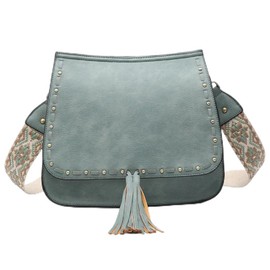 JEN & CO. Bailey Crossbody Bag in Teal - Vegan Leather Bag Purse with Animal Print Guitar Strap, Cross Body Bags for Women