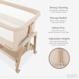 évolur Lullaby Portable Bassinet with Wheels, Adjustable Bedside Sleeper, Breathable Mesh Sides, Large Storage Basket, Easy Fold, and Travel Bag Included, Perfect for Newborns & Infants - Biege