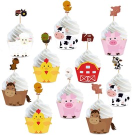 24 envoltorios para magdalenas de animales de granja para niños, fiesta temática de granja, envoltura de magdalenas, decoración de fiesta de cumpleaños de animales de granja, suministros de baby shower
