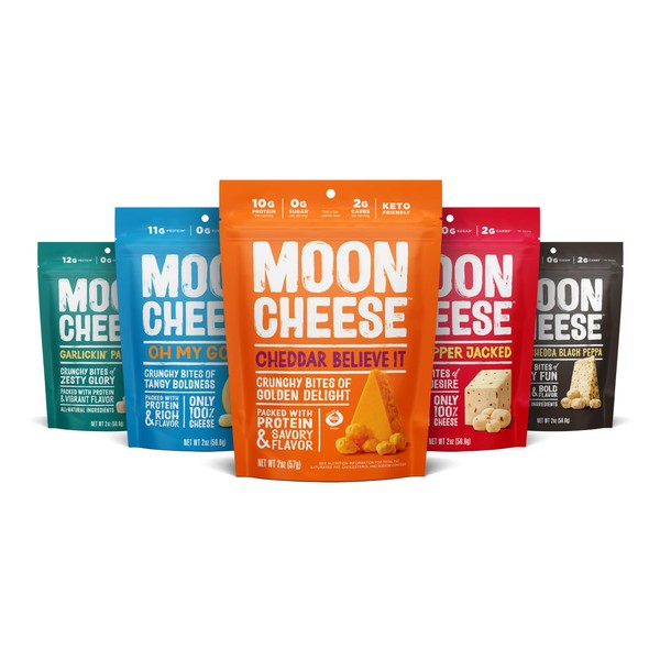 Moon Cheese Bites Bundle, Cheddar, White Cheddar, Parm, Gouda & Get Pepper Jacked, 2-Ounce, 5-Pack, Lunch or Snack