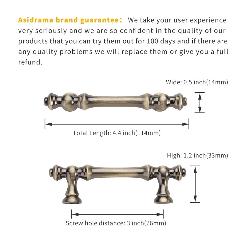 Asidrama 10 Pack 3 Inch(76mm) Brushed Antique Brass Kitchen Cabinet