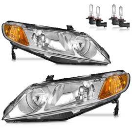 ROADEAL Headlights W/Bulbs for 2006-2011 Honda Civic 4-Door Halogen Headlamp Replacement Driver & Passenger Side (NOT fit 2-Door)