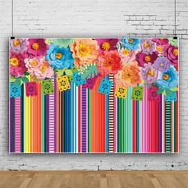 7x5ft Mexican Fiesta Backdrop Flowers Fiesta Background Drop Cinco De Mayo Photography Background Floral Stripes Flags Birthday Party Mexican Dress-up Party Decorations Mexican Photo Booth Props