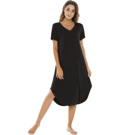 NACHILA Nightgowns for Women-Viscose Made from Bamboo, V Neck Sleepshirts Short Sleeve Sleepwear Cool Nightshirt Black M