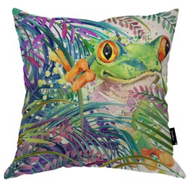 Beabes Green Frog Throw Pillow Cover, 18x18 Inch Cute Tropical Forest Frog Palm Trees Decorative Couch Pillow Case Cotton Linen Farmhouse Cushion Covers for Bedroom Home Dorm Car