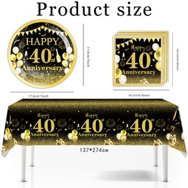 41pcs 40th Anniversary Party Plates Napkins Tableware Tablecloth Set, Black and Gold Forty Years Old Wedding Anniversary Disposable Party Dinnerware for Wedding Party Supply (40th Anniversary)