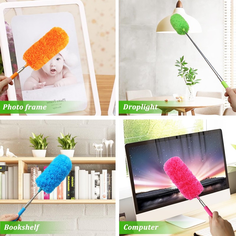 4 Pack Microfiber Feather Duster, with Extendable Pole and Bendable