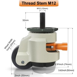 Leveling Stem Casters, M12 Thread Casters Set of 4 Heavy Duty with Leveling feet, 2200 LBS Retractable Caster Wheels with Upgraded Ratchet Arm, Adjustable Height Casters for Workbench, Machine
