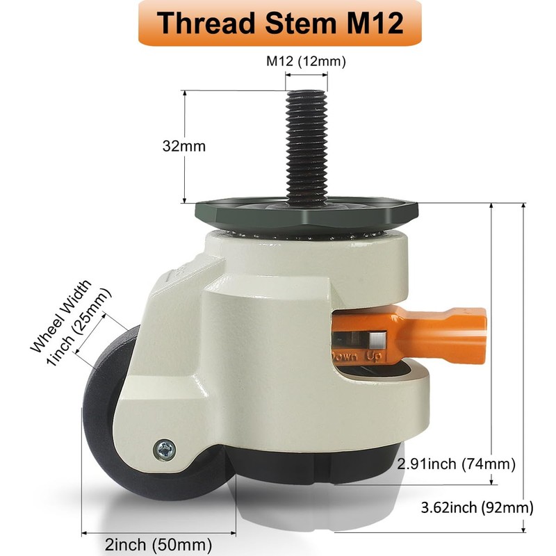 Leveling Stem Casters, M12 Thread Casters Set of 4 Heavy
