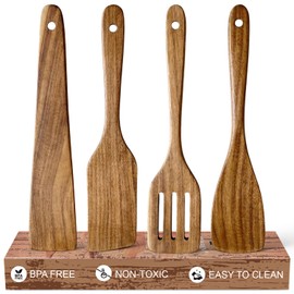 Juego de 4 espátulas de madera de acacia, no tóxico, juego de utensilios de cocina ranurados, espátulas planas de madera para cocinar cuchara, espátul
