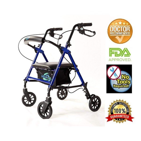 Lightweight Rollator Walker with Seat and Brakes, Super Light Rollator Lightweight Aluminum Walker with Seat and Basket, Brakes, 6" Wheels, Easy Adjustable Rollator Walker Seat and Arms, Blue