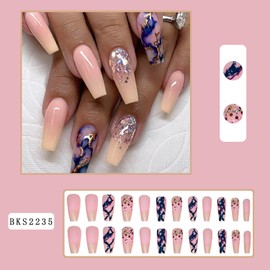 Vezocim Press on Nails Medium Square Shapes 24Pcs Glossy Full Cover Medium Acrylic Pink Square False Nails with Blue Marble Designs Artificial Coffin Fake Nails Glue ons Fingernails for Women