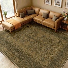 BESTSWEETIE Area Rugs 8x10 Washable Rug for Living Room, Botanical Floral Printed Low Pile Non Slip Indoor Stain Resistant Soft Carpet for Bedroom Kitchen Room, Brown
