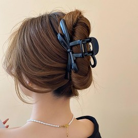 Inateannal Vintage Large Hair Claw Clips Large Claw Bow Hair Clips Black Plastic Hair Claw Thick Curly Hair Claw Clip Bow Strong Hold Hair Claw Hair Accessories