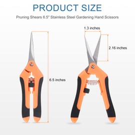 HARFINGTON Pruning Shears 6.5" Stainless Steel Gardening Hand Scissors with Straight Precision Blades & Lock Garden Clippers for Cutting Flowers Trimming Plants, Orange