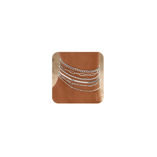 Mridiya Sterling Silver Ankle Bracelet for Women 6Pcs Waterproof Herringbone