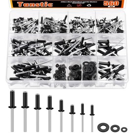 Tanstic 560Pcs Black Aluminum Pop Rivets Kit, 8 Size Blind Rivet Fasteners with 3 Size Backup Washers Assortment Kit for Aviation Automobile Furniture Use