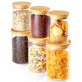 HIGLASTO Glass Storage Containers with Bamboo Lids, Includes 3 Set of 20oz Overnight Oats Breakfast Jars, 3 Set of 40oz Food Storage Containers For Cookies Cereal Nuts Coffee Beans (Set of 6)