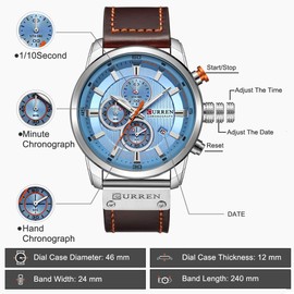 CURREN Men Leather Strap Military Watches Men's Chronograph Waterproof Sport Wrist Date Quartz Wristwatch Gifts (Silver blue)
