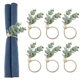 Qaestuan Pack of 6 Napkin Rings with Green Leaves Eucalyptus Wood Beads, Rustic Napkin Rings Set, Rustic Farmhouse Boho Napkin Rings for Parties, Dinners, Weddings, Table Decoration