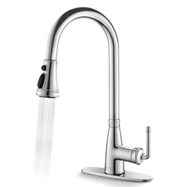 Lavatrum Kitchen Faucet with Pull Down Sprayer, 17 inch Polished Chrome Antique Single Handle Pull Out Kitchen Sink Faucet with Deck Plate for Classic Modern Ktichen