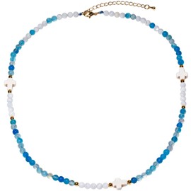 XHUUU Boho 4mm Agate/Shell Beaded Necklaces for Women Trendy Cross Charms Necklace Summer Surfer Beach Jewelry (Ocean Agate)