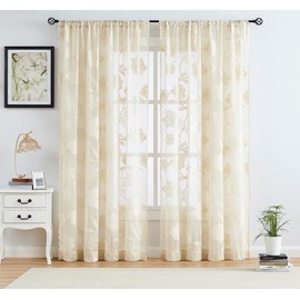 Ivory Sheer Lace Curtains for Bedroom Living Room Studio 84inch Long Vintage Rose Floral Embroidered Semi Sheer Curtain Panels Privacy Leaf Sheer Drapes with Scalloped Edge Beige, 54"w 2pcs 7ft
