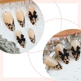 Xiannaipai 24Pcs French Tips Press on Nails Medium Almond Shaped Leopard Print False Nails with Black Bow Rhinestones French Fake Nails Glue on Nails for Women Manicure Decoration