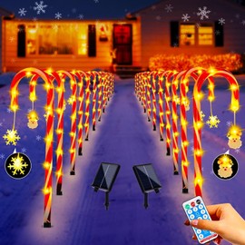 24 Pack Solar Christmas Lights Outdoor Waterproof Decorations with 216 LEDs/8 Modes/USB, Solar Candy Cane Pathway Markers Lights for Yard Patio Driveway Lawn Xmas Tree Home Indoor Decor, Red and White