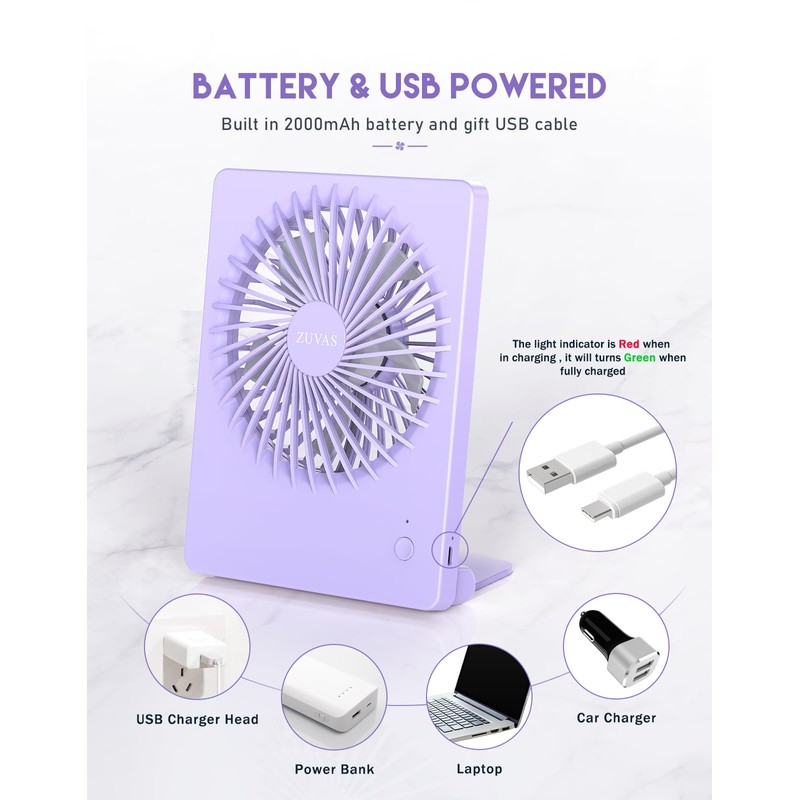 Zuvas Desk Fan Battery Operated Fan Rechargeable 180°Tilt Folding Personal