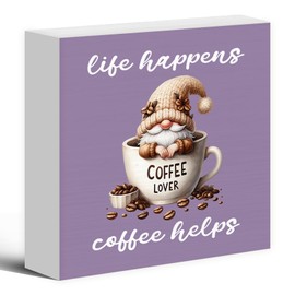 Luipk Rustic Coffee Gnomes Purple Wood Box Sign Desk Decor, Coffee Lovers Gift Life Happens Coffee Helps Funny Gnome Wooden Block Sign Decorations for Coffee Bar Station Wall Tabletop Shelf Decors