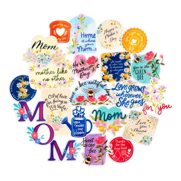 Navy Peony Heartfelt Mother's Day Stickers (22 Pieces) - Floral Themed, Funny, Waterproof | Mom Stickers for Crafts, Scrapbooks, Water Bottles