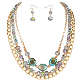 Bocar Necklace for Women Trendy, 3 Layer Crystal Beaded Collar Necklace Earrings Jewelry Set, Fashion Statement Women Necklace, Party Gifts for Her (NK-10740-Green-Set)