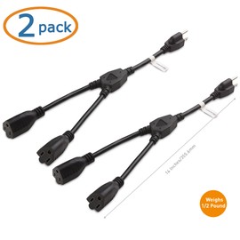 Cable Matters 2-Pack 2 Outlet Power Splitter Cord (Power Cord Splitter / Outlet Saver) 1.2 Feet