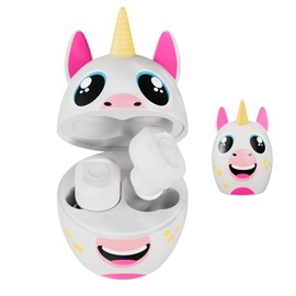 Coby - Auriculares inalámbricos Bluetooth para niños, auriculares recargables con personajes "Umi The Unicorn", 24 horas, tiempo total de juego, resistentes al agua, controles de botones, bonita funda