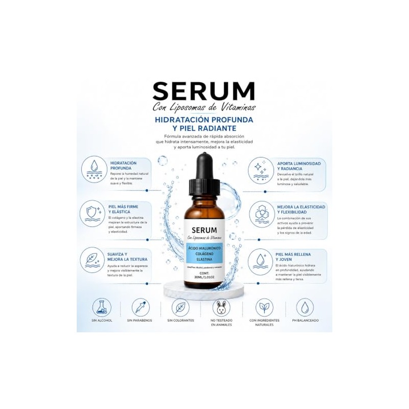 Sérum Ácido Hialuronico, Colágeno y Elastina 30 ml, Con Liposomas