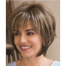 Peluca de Mujer,Mezcla de color,Flequillo de aire, Peluca corta,Ondulado Excelente Calidad Cabello Moda Para Fiestas Temáticas, Cosplay, Halloween, Conciertos, Bodas, Citas y Cualquier otra Ocasión