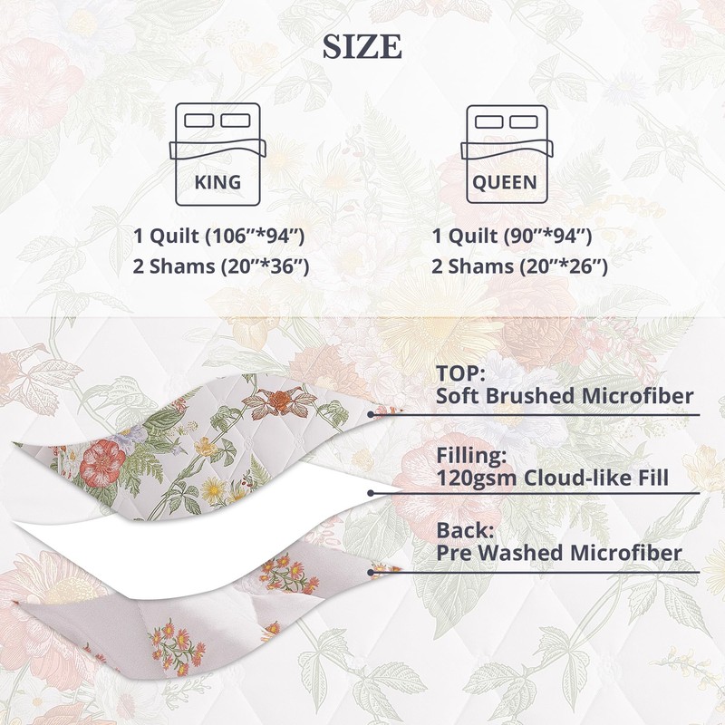 Floral Quilt Set Queen Size, Farmhouse Bedspread Bedding Set with