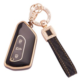 Koaudb Koaudb Key Fob Cover Fit for VW Volkswagen Golf 8 ID.3 ID.4 Seat Leon Tarraco Ateca Formentor Leon 3 Buttons Key Case Soft TPU Key Shells with Leather Keychain Lanyard Black Gold (BP-Vlw-3D)